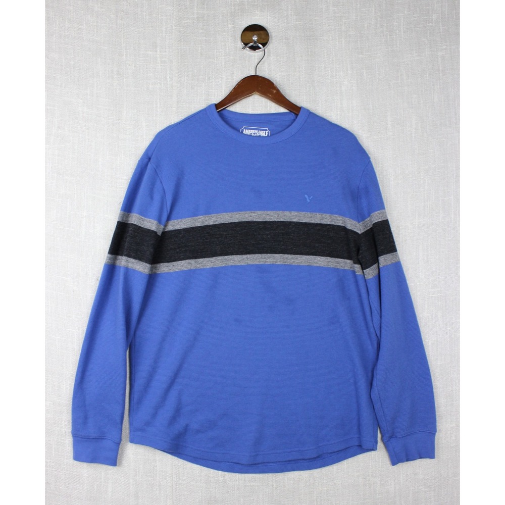 American Eagle Mens Large Blue Waffle Knit Thermal Stripe Long Sleeve Shirt - Picture 2 of 7
